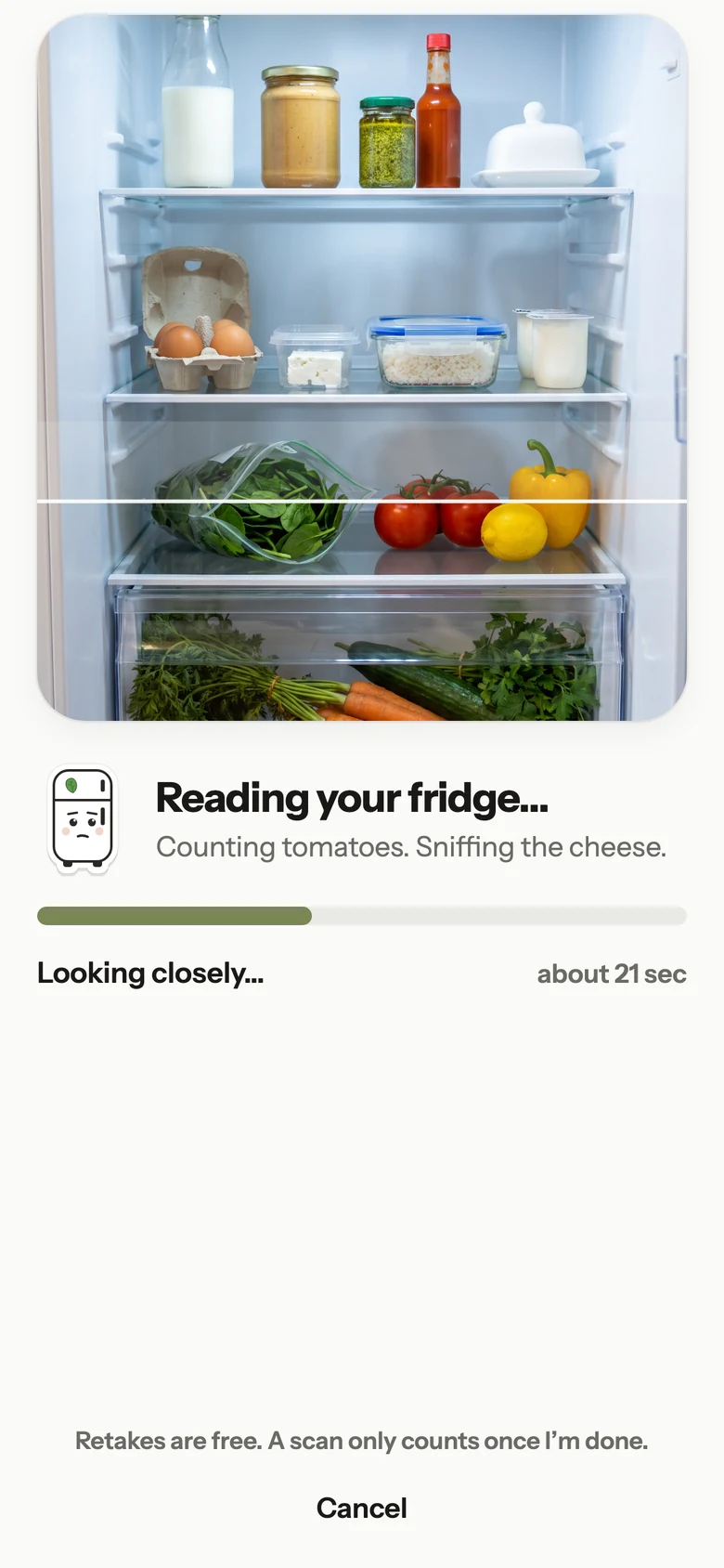 Frigomi reading a fridge photo: “Reading your fridge…”, with its progress bar.
