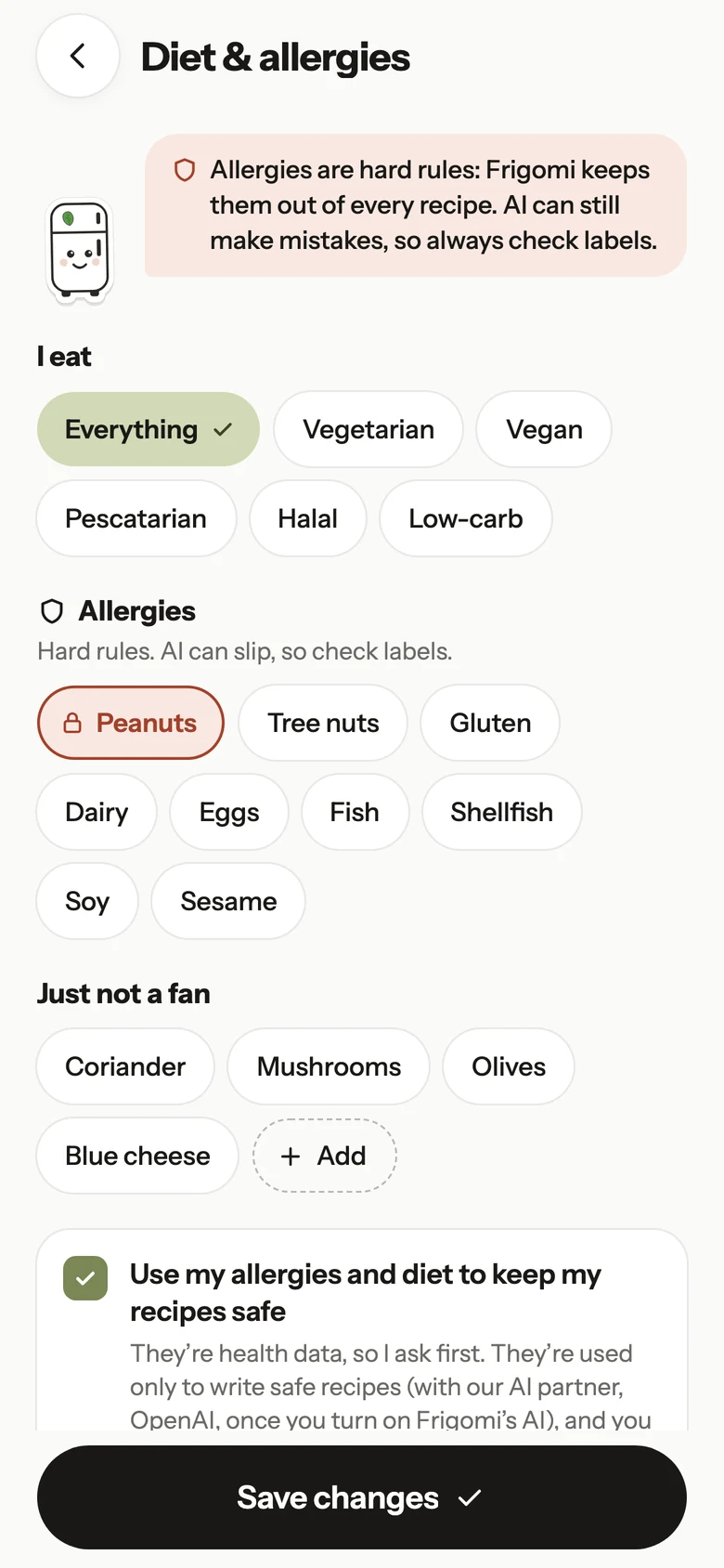 Frigomi’s diet and allergies settings, with peanuts locked out as an allergy.